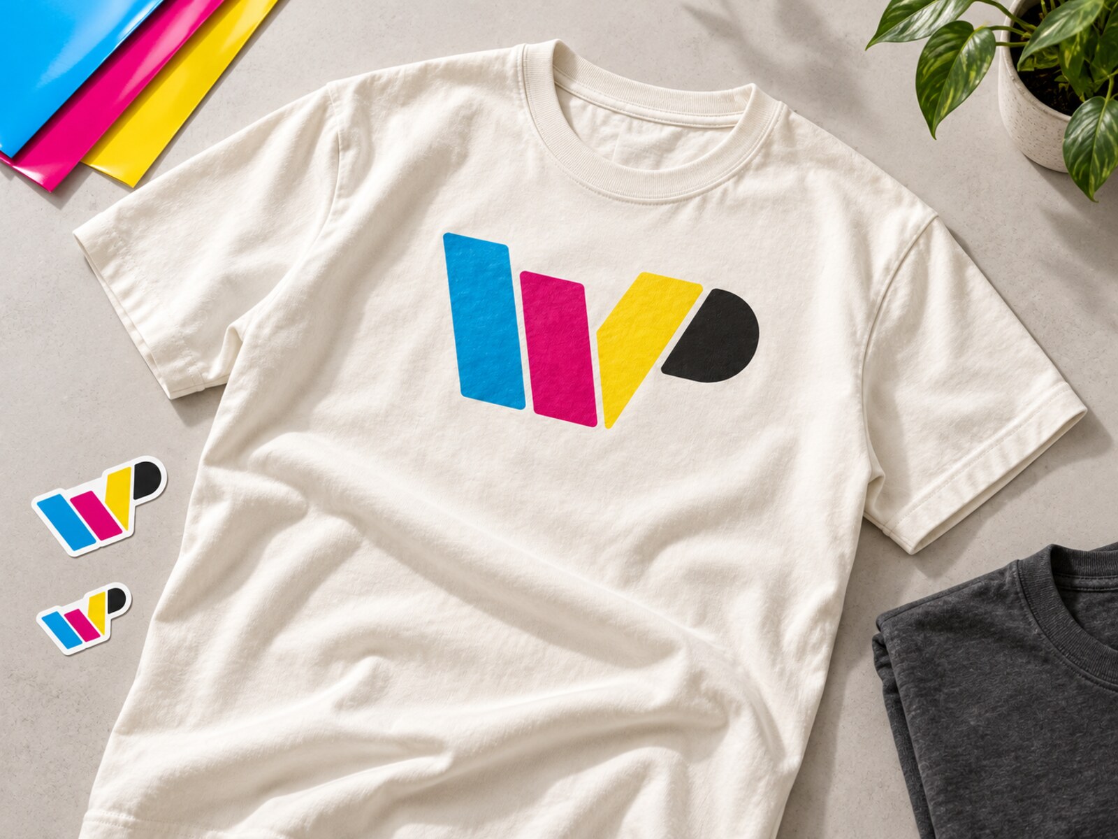 Concept merchandise: an ivory shirt with the Waco Prints CMYK logo, colored vinyl sheets and logo stickers