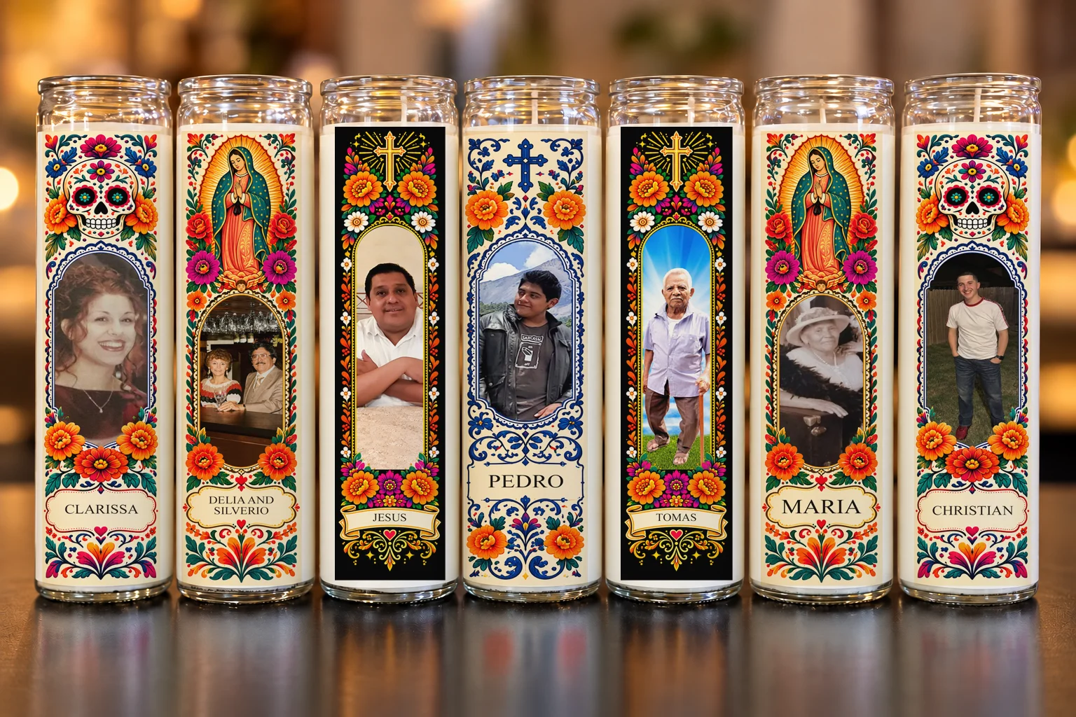 Seven personalized ofrenda memorial candle examples with portraits and colorful floral designs