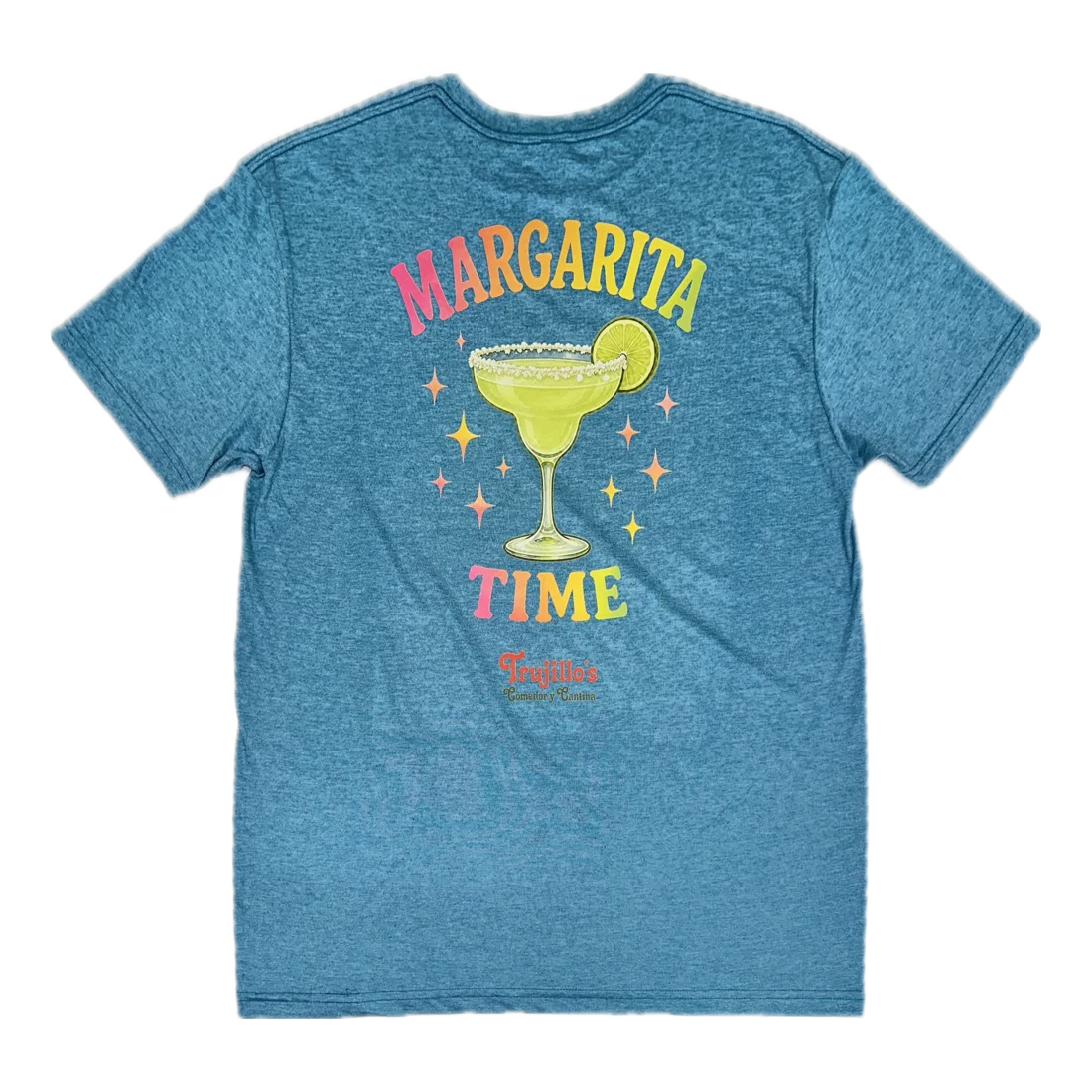 Back of blue Margarita Time shirt with a margarita illustration