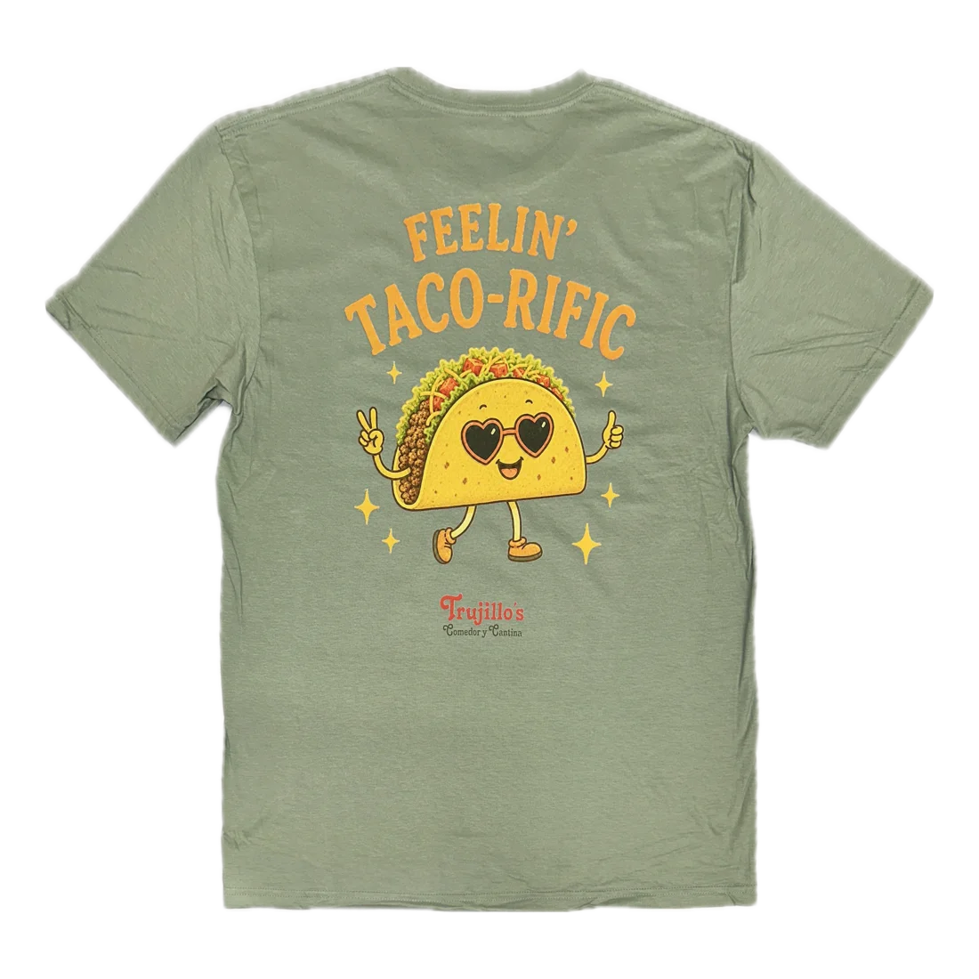 Back of sage Feelin’ Taco-rific shirt with a taco illustration