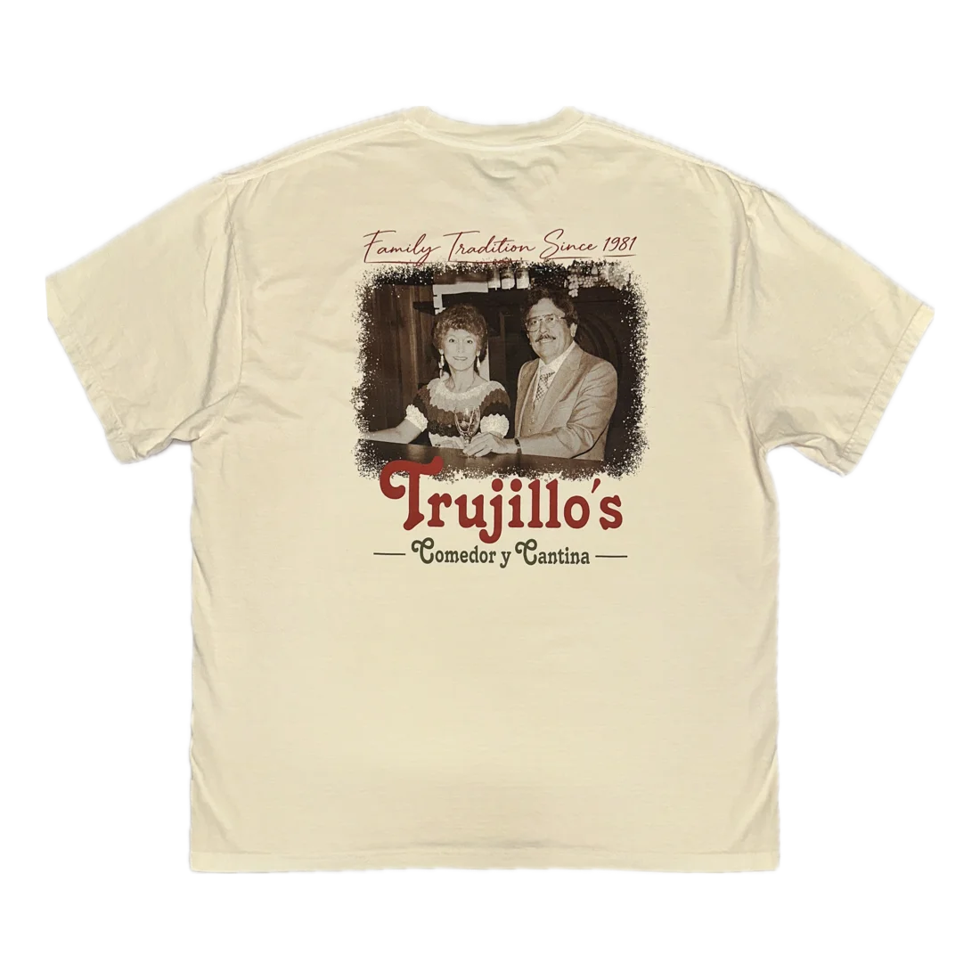 Back of ivory Trujillo’s Family Tradition shirt with family photo graphic