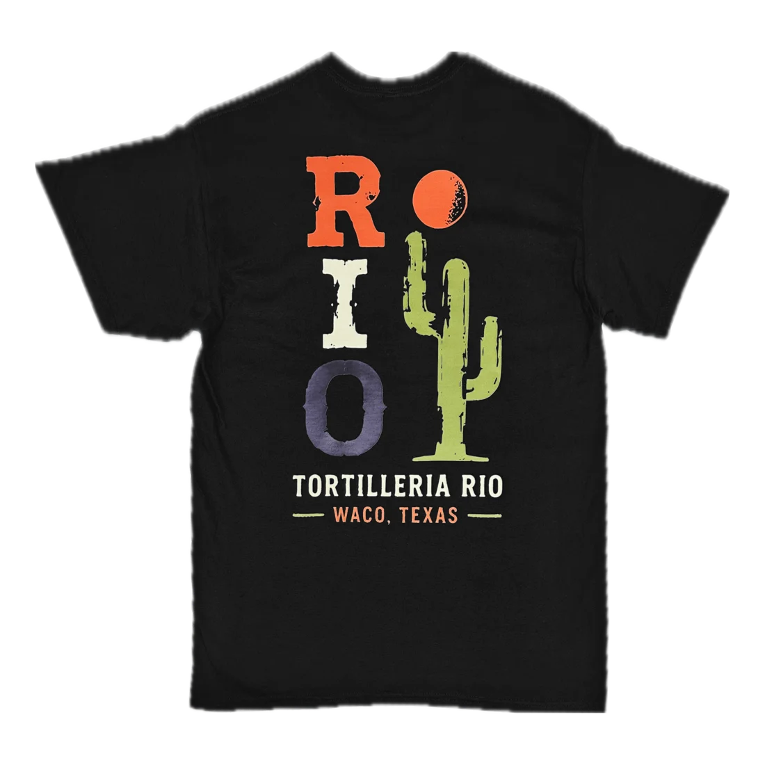 Back of black Tortilleria Rio shirt with Rio wordmark and cactus