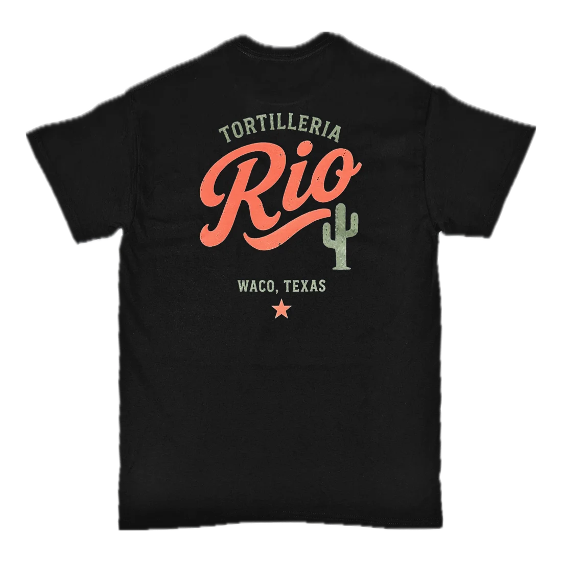 Back of black Tortilleria Rio script shirt with pink Rio lettering and cactus